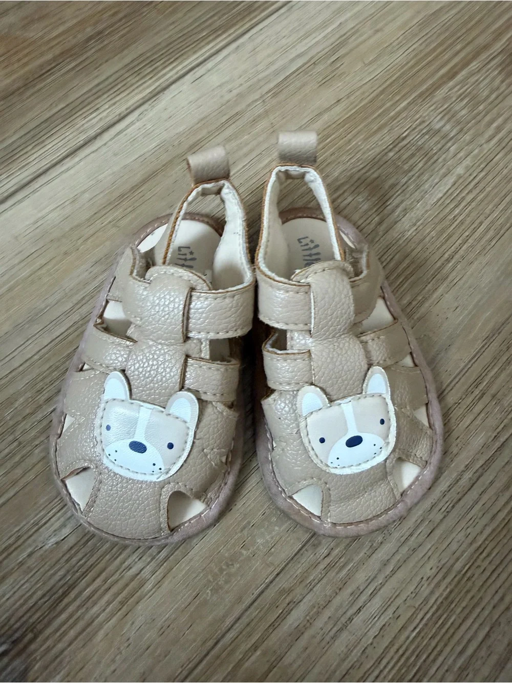Little Me Beige/Tan Bear Appliqué Fisherman Sandals